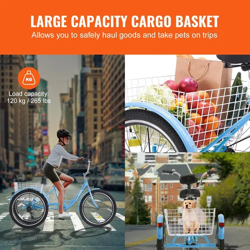 Vista 6 de VEVOR Bicicleta de triciclos para adultos, triciclos para adultos de 7 velocidades, bicicletas de tres ruedas de 20 pulgadas, bicicleta de crucero