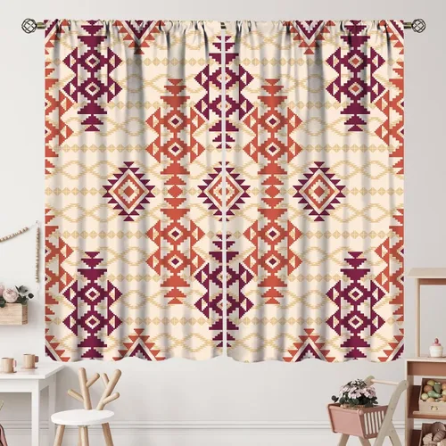 Vista 222 de Cortinas con patrón geométrico tribal, estilo suroeste, azteca, rústico, occidental, nativo americano, opacas, con bolsillo para barra, decoración