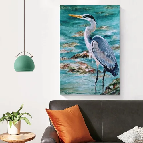 Vista 4 de Lienzo de arte de aves marinas, pintura al óleo, pintura al óleo, arte de pared de garza azul, decoración de habitación, estética, animal, pósteres