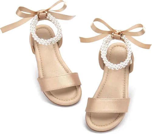 Vista 9 de Sandalias de verano para niñas con puntera abierta, sandalias planas de princesa con suela cómoda D742 Oro