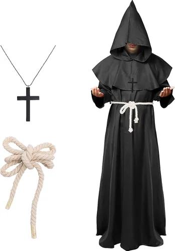 Vista 5 de Disfraz de fraile medieval renacentista, monje con capucha, disfraz de Halloween