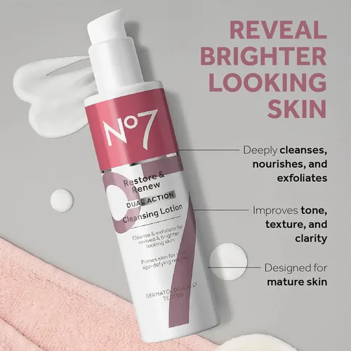 Vista 2 de No7 Restore & Renew Loción limpiadora de doble acción, limpiador facial y exfoliante con ácido alfa hidroxi, loción limpiadora removedor