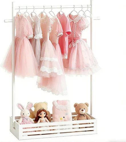 Vista 12 de BAMBOOHOMIE Perchero para Ropa de Bebé para Niños Pequeños, Perchero para Ropa de Mascotas con Caja de Almacenamiento y Barra Colgante Ajustable