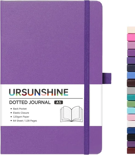 Vista 49 de Cuaderno punteado, diario, 5.3 x 8.26 pulgadas, tapa dura, prémium, papel grueso, doble espiral, bandas, cuero negro sintético, lazo para bolígrafo