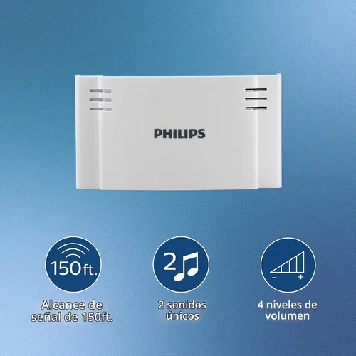 Vista 2 de Kit de timbre inalámbrico Philips, receptor operado por batería, 1 botón, 2 melodías, 4 niveles de volumen, rango de 150 pies, color blanco