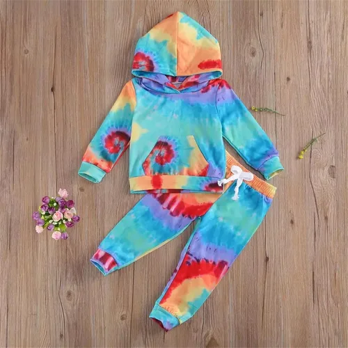 Vista 2 de Sudadera con capucha de manga larga con estampado de teñido anudado, pantalones casuales para bebé