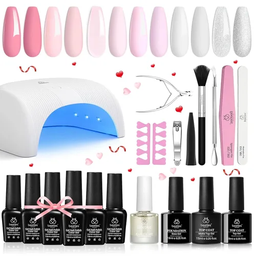 Vista 10 de Kit de Esmalte de Uñas en Gel Beetles con Luz UV, Gel Base y Capa Superior, Kit de Inicio de Esmalte de Uñas en 6 Colores Nude Neutros, Conjunto LED
