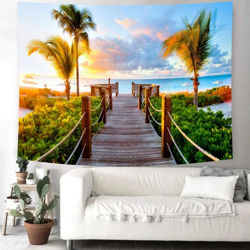 Vista 4 de Delur Tapiz de playa y puesta de sol tropical, palmera, costero, tapiz para colgar en la pared, paisaje natural, cabecero psicodélico escénico