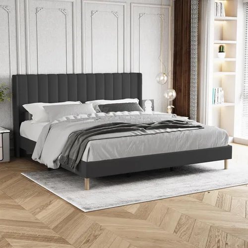 Vista 8 de Base de cama tapizada de tamaño individual con cabecero, listones de madera fuertes, no necesita somier, fácil montaje, terciopelo beige