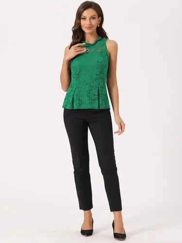 Vista 3 de Allegra K Top peplum sin mangas con encaje floral y cuello con abertura en la espalda para mujer