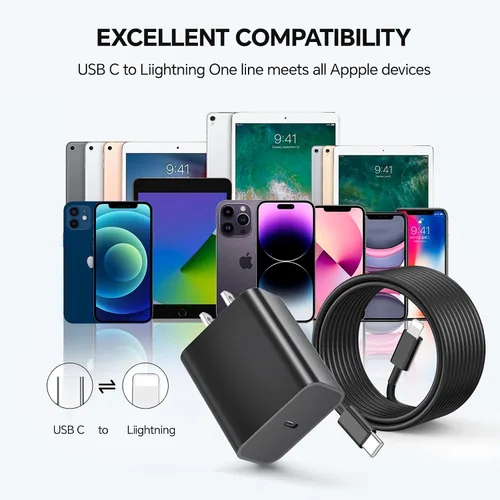 Vista 4 de Cargador de teléfono de carga rápida, 【Certificado MFi】 Paquete de 2 cargadores de pared USB-C de 20 W con 1 paquete de cable de carga rápida