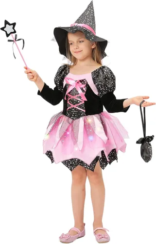Vista 4 de Disfraz de bruja iluminada para niñas, disfraz de Halloween