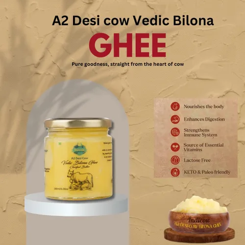 Vista 3 de Indicow Ghee de vaca A2 Desi (180ml (6.08oz), Ghee de vaca A2 (vacas Sahiwal)) Alimentado con pasto, criado en pastizales, grasa de mantequilla