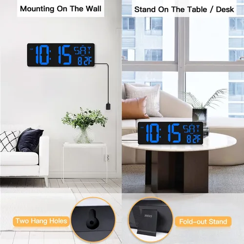 Vista 6 de XREXS Reloj de pared digital grande de 17,2 pulgadas con control remoto Azul