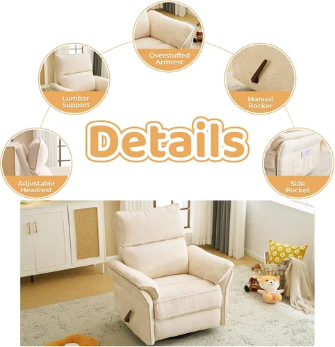 Vista 5 de Sillón reclinable giratorio de gran tamaño con reposacabezas ajustable, mecedora para guardería con reposabrazos sobrerelleno, silla reclinable Beige