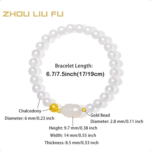 Vista 2 de Pulseras de oro de 18K con cuentas de calcedonia, pulsera con amuleto Pixiu, pulsera elástica natural con cuentas redondas de calcedonia