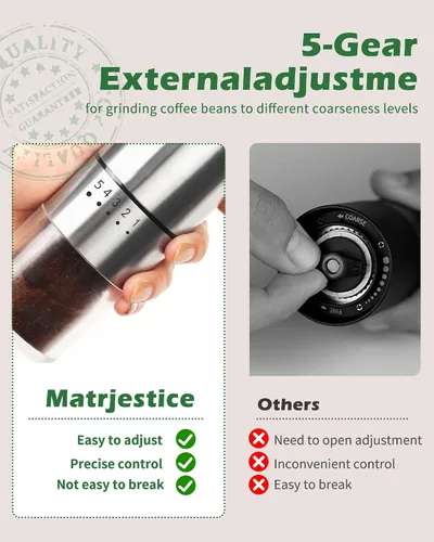 Vista 12 de Molinillo de café manual de acero inoxidable para goteo, prensa francesa, 5 ajustes ajustables, molinillo de café de mano, para uso doméstico