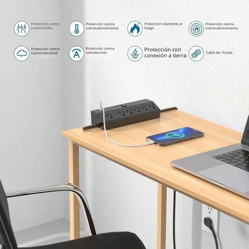 Vista 8 de JXGUCAT - Regleta de alimentación con abrazadera de escritorio con estación de carga rápida de 40 W, enchufe plano de 10 pies, protector contra