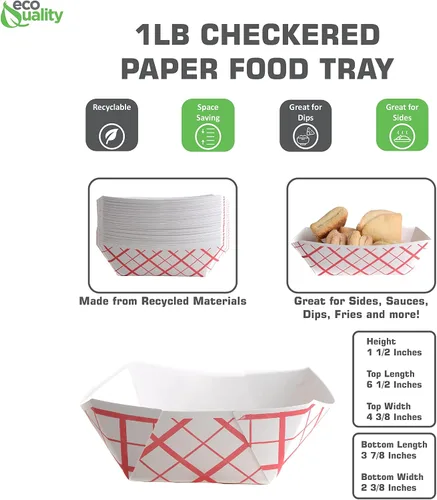 Vista 3 de Bandeja de papel desechable resistente de 100 unidades (1 libra), bandeja de alimentos a cuadros rojos, hecha en Estados Unidos, reciclable