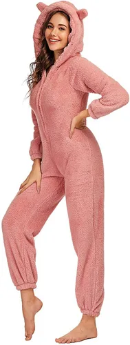 Vista 11 de chouyatou Pijama de Romper de Sherpa de Felpa Ultra Cómodo para Mujer con Capucha Linda de Orejas de Felpa Negro
