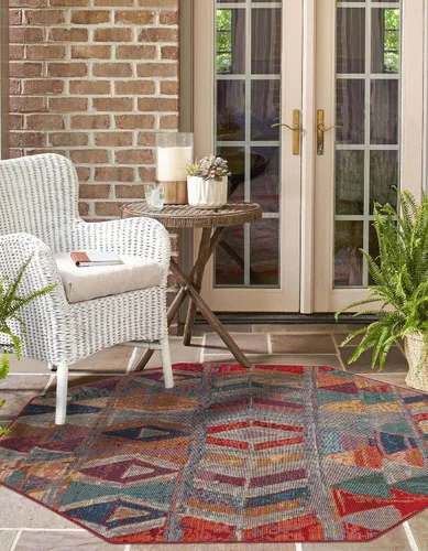 Vista 4 de Unique Loom Outdoor Modern Collection - Alfombra de área - Tamarindo (4 pies 1 pulgada octágono multi/borgoña)