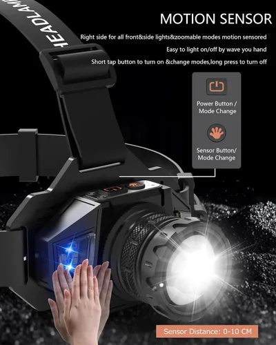 Vista 4 de Linterna frontal recargable con zoom y luz lateral roja, 4000LM con sensor de movimiento, luces de 3 colores, IP65, impermeable, 90°, ajustable