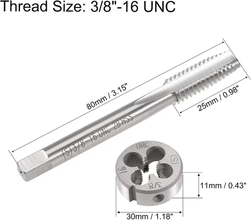 Vista 2 de uxcell 3/8"-16 UNC Juego de dados y grifo, HSS Macho de rosca de máquina con troquel de rosca redondo, mano derecha