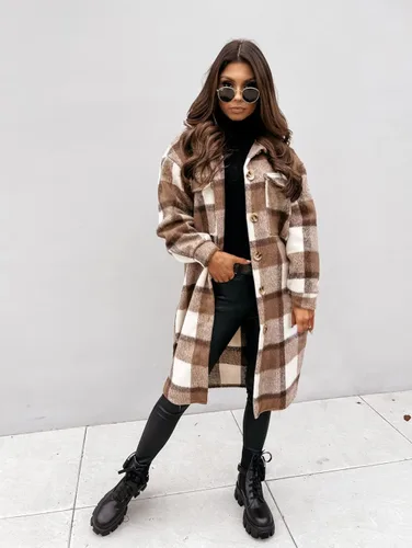 Vista 4 de Yousify Chaqueta larga con solapa a cuadros para mujer cepillada con botones y bolsillos