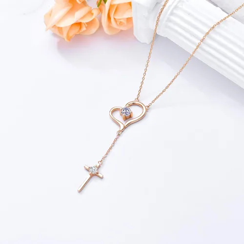 Vista 6 de DIYA Moissanite Diamond Heart Necklace for Women, 18K Rose Gold Plated 925 Sterling Silver Moissanite Birthstone Cross Necklace Lariat Necklace