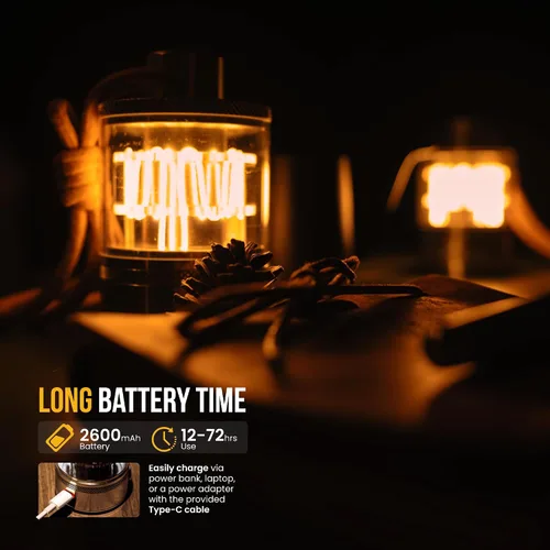 Vista 10 de ZOOOBELIVES - Lámpara de camping vintage de aluminio con luz cálida ajustable, lámpara artesanal de aleación, autonomía de 72H con USB-C