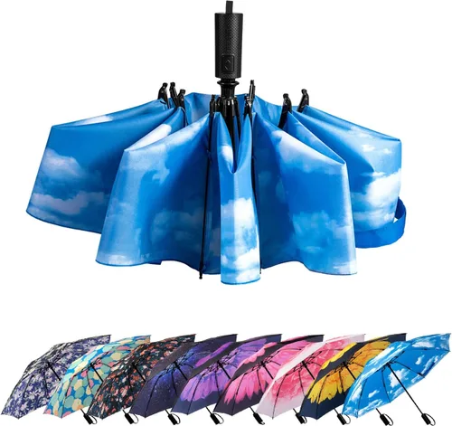 Vista 77 de LANBRELLA Paraguas plegable inverso compacto paraguas de viaje a prueba de viento automático