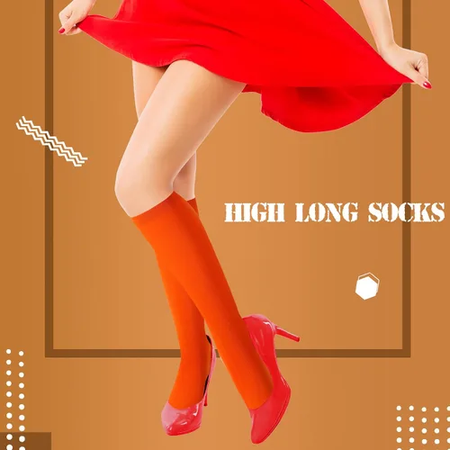 Vista 7 de Halloween Women Costume Set, Orange Turtleneck Mini Stretch Flared Skirt, Turtleneck Crop Top, High Socks, Glasses