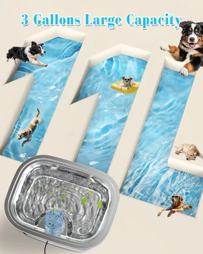 Vista 3 de Lesotc Fuente de agua para perros de acero inoxidable de 3 galones para perros grandes, fuente de agua para mascotas con 2 filtros, fuente