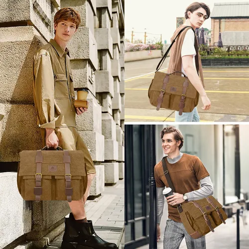 Vista 2 de Bolsa tipo mensajero para hombre, bolsa para laptop de 15.6 pulgadas, bolsa vintage de lona encerada, resistente al agua, maletín de cuero