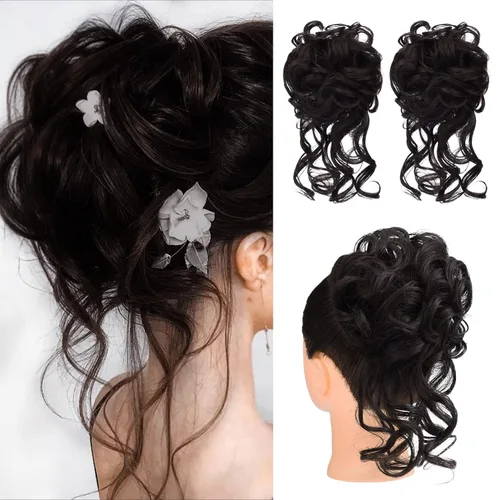 Vista 34 de HOOJIH 2 piezas de extensiones de cabello estilo moño despeinado, extensiones de cabello rizado y ondulado con tiras, cola de caballo, horquillas