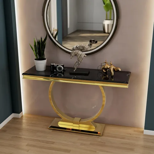Vista 3 de Mesa consola Asday dorada, mesa de entrada de 50 pulgadas en negro glamuroso y dorado con base en forma de U, mesa de entrada dorada pulida