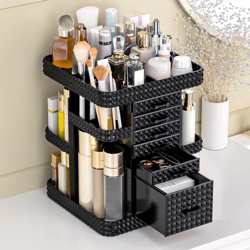 Vista 5 de Organizador de maquillaje giratorio de 360 grados para tocador, organizador grande para el cuidado de la piel con 6 cajones, organizador