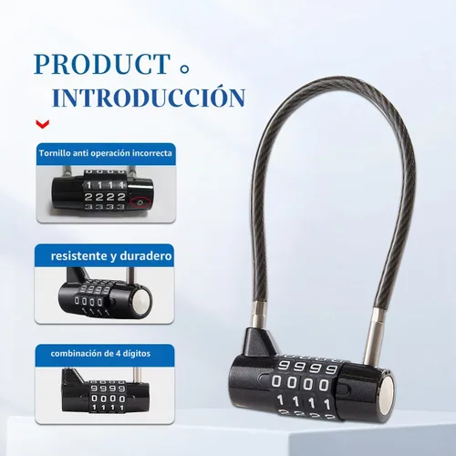 Vista 5 de Candado de combinación con cable de 4 dígitos y cable duradero de 3.5" ideal para casilleros, gimnasio, puerta, valla, caja de herramientas, funda