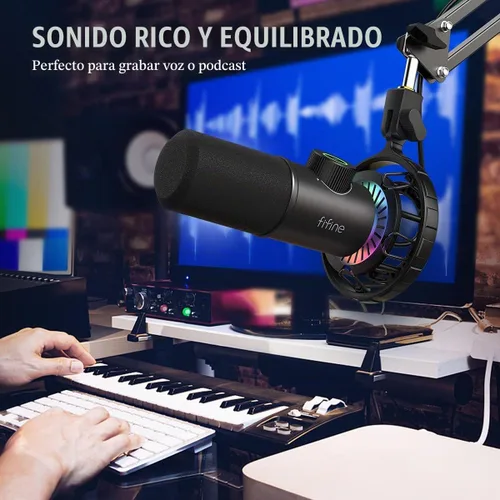 Vista 9 de FIFINE Micrófono USB para juegos, micrófono dinámico RGB para PC, con botón de toque para silenciar, micrófono cardioide Plug & Play con conector