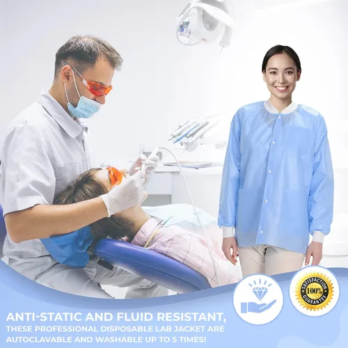 Vista 48 de Paquete de 10 chaquetas desechables de laboratorio, chaqueta médica reutilizable hasta la cadera, unisex, con puños de punto y bolsillos