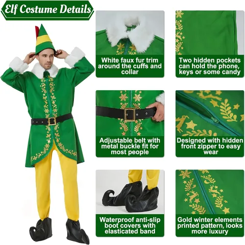 Vista 5 de Disfraz de elfo para hombre, traje de Navidad para adultos, 5 piezas, traje de lujo para parejas, cosplay, vacaciones, Halloween, fiesta de Navidad