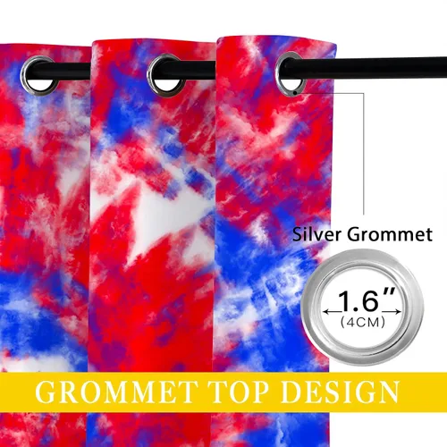 Vista 4 de America - Cortinas opacas de teñido anudado para niñas y niños, decoración del hogar, hippie, rojo, azul, abstracto, con ojales en espiral, cortinas