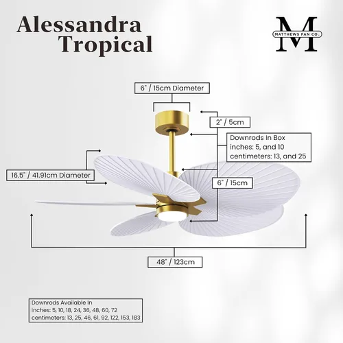 Vista 3 de Matthews Alessandra Tropical - Ventilador de techo de 48 pulgadas con kit de luz LED y control remoto, latón cepillado con acabado blanco mate Latón