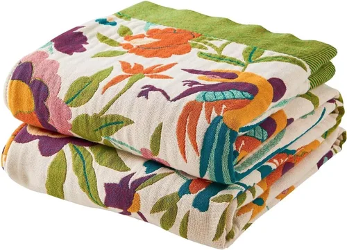 Vista 9 de Manta bohemia de muselina de algodón tejida con flores decorativas de 50 x A-verde