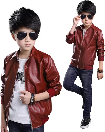 Vista 3 de Chaqueta de cuero para niños, ligera, rompevientos Rock, ROJO