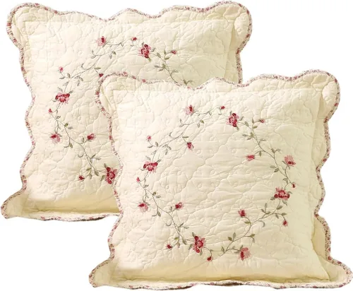 Vista 12 de vctops Juego de 2 fundas de cojines decorativos cuadradas de algodón acolchado bordado con volantes de diseño floral suave para sillón, sofá, cama