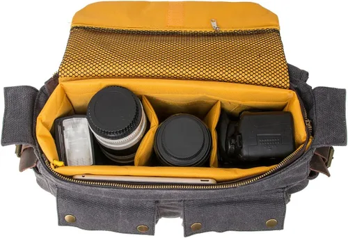 Vista 4 de morral de cuero y lona para computadora portátil + morral de lona para cámara Dslr Slr