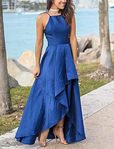 Vista 2 de Vestido de fiesta de noche formal con cuello halter para mujer vestido largo de satén para fiesta de graduación para ocasiones especiales PM009