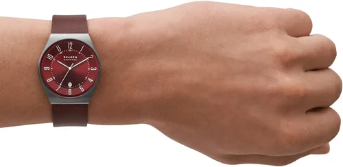 Vista 4 de Skagen Mens Grenen Three-Hand Date Watch with Steel Mesh or Leather Band