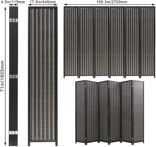 Vista 2 de Divisor de habitación de bambú de 6 pies, pantalla de privacidad plegable de 6 paneles, separación de habitación, divisor de pared de panel